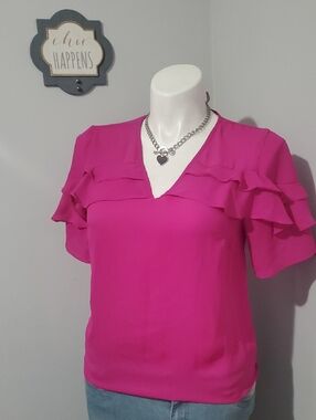 Ivanka Trump Fuchsia Ruffle Sleeve V-Neck Blouse, Size M
